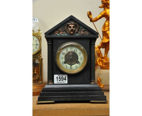 A small French Architectural Slate Clock the circular dial with Arabic numerals 