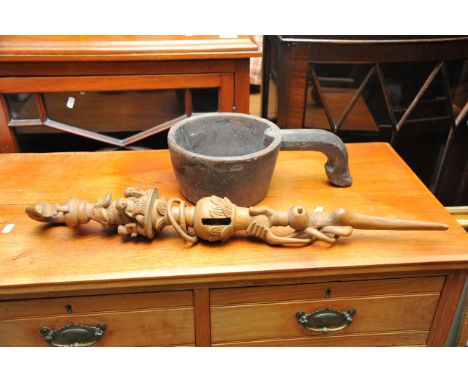 Unusual carved native shaking stick and native water bowl