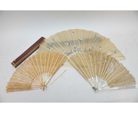 Three antique fans with carved ivory and Mother of Pearl sticks, all a/f