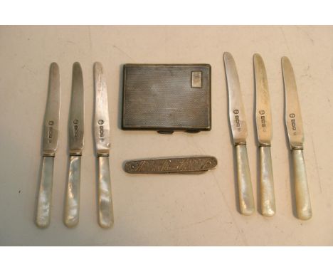 A silver cigarette case, Birmingham hallmarks, silver penknife and six silver bladed fruit knives with mother of pearl handle