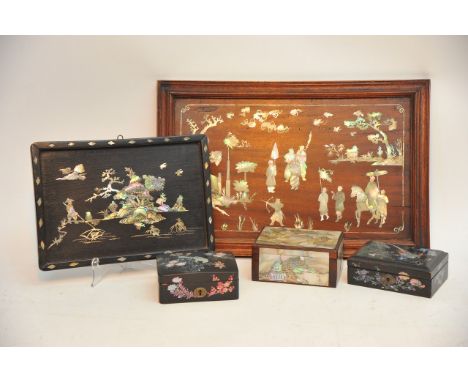 A collection of 3 inlaid mother of pearl boxes and two inlaid pannels