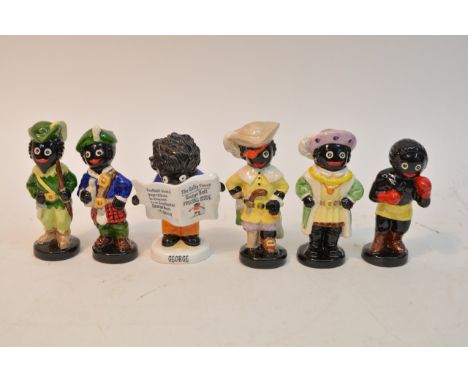 A collection of six Carltonware golly figures including a trial piece of 'The Golly Times George Best' (6).