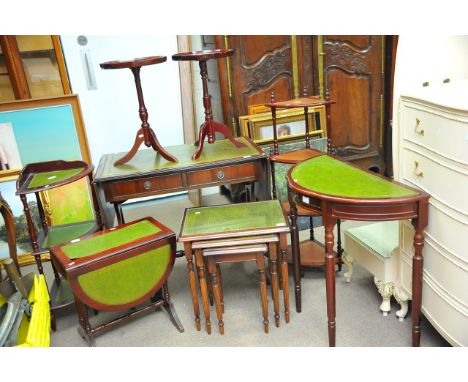 A collection of reproduction mahogany furniture including a sofa type table and corner display unit