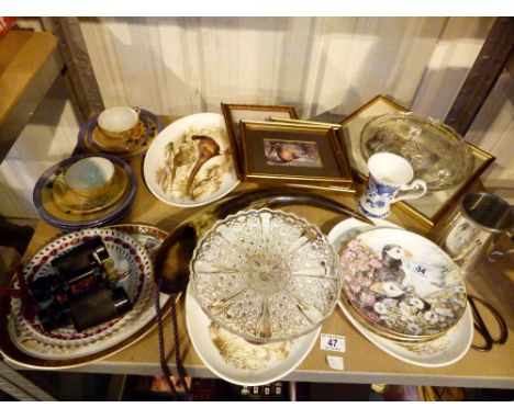 Shelf of mixed ceramics, including pictures etc