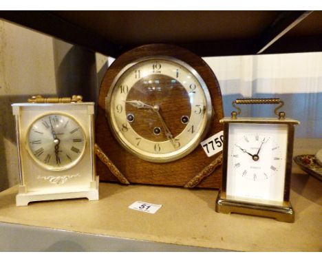 Westminster chime oak cased mantle clock and 2 carriage clocks