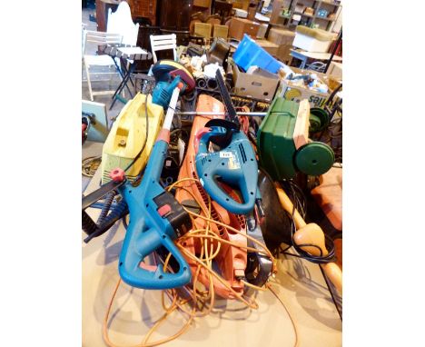Collection of electric garden tools including strimmer, hedge trimmer, power washer etc