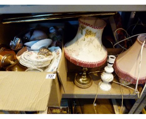 Shelf of ceramics, table runners etc