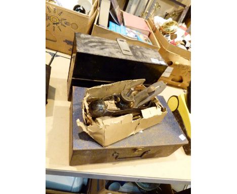 Two tin boxes of tools including a Stanley circular plane
