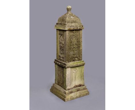 A VICTORIAN SANDSTONE FOUNTAIN of square form, the ogee surmount with ball finial, the sides each with a Green Man mask spout