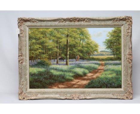 DAVID MORGAN (b.1947) "Horses and Bluebells", oil on canvas, signed, 20" x 30", framed (subject to Artists Resale Right) (Est