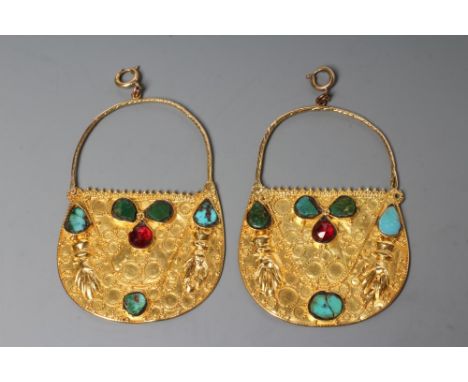 A PAIR OF LARGE CHANDELIER EAR HOOPS of D form, collet set with turquoise, malachite and a ruby(?) on an applied filigree wor