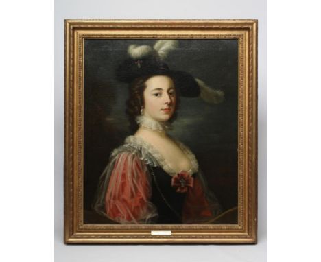 ATTRIBUTED TO THOMAS HUDSON (1701-1779) Portrait of Lady Bletchey in a Plumed Hat, half length, oil on canvas, unsigned, insc