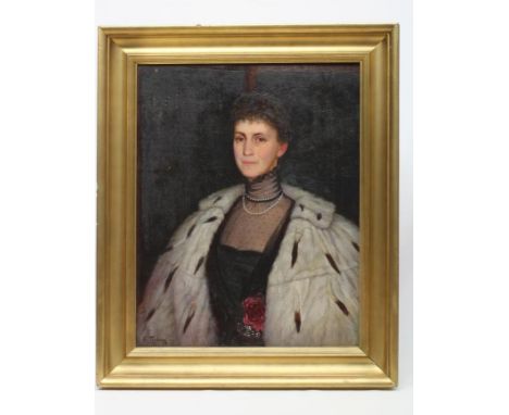 E. THOMPSON (19/20th century) Portrait of The Hon. Theodora Maitland, in Black Lace Dress and Ermine Cape, three quarter leng