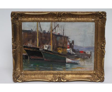 FLORENCE ARMES HOSMER (American 1880-1978) Harbour Scene with Fishing Boats, oil on panel, signed, 10 " x 14", gilt frame (Es