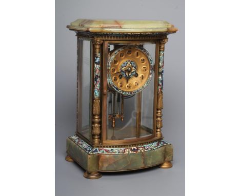 A FRENCH GREEN ONYX AND CHAMPLEVE ENAMEL FOUR GLASS MANTEL CLOCK, the twin barrel movement with anchor escapement striking on