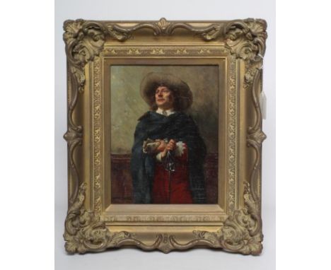 WILLIAM A BREAKSPEARE (1855-1914) Portrait of a Cavalier in a Broad brimmed Hat and Blue Cloak, three quarter length, oil on 