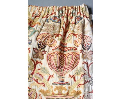 A PAIR OF TAPESTRY CURTAINS, modern, woven in colours in 16th century style with mythical birds, pedestal cups and foliage, e
