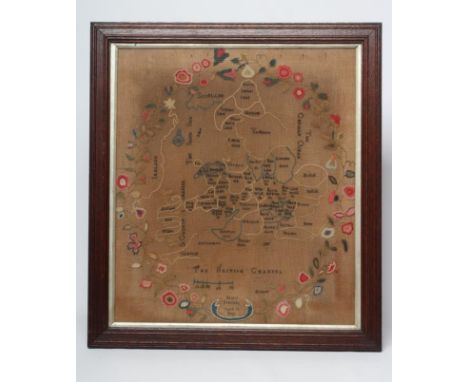 AN EARLY VICTORIAN WOOLWORK MAP OF ENGLAND AND WALES, 1840, worked by Mary Freeman, aged 14, in coloured wools in cross and c