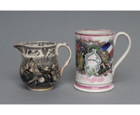A SUNDERLAND PINK LUSTRE PEARLWARE FROG MUG, c.1865, of plain cylindrical form printed in black to commemorate the Crimea War