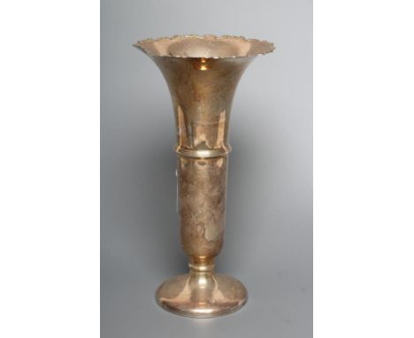 A LARGE TRUMPET VASE, maker possibly Neale Ltd., Birmingham 1924, the everted rim with scroll border, single knopped body on 