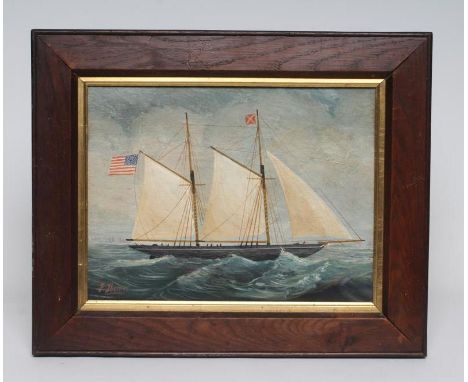 AMERICAN PRIMITIVE SCHOOL (19th century) Portrait of a Twin Masted Ship, oil on board, signed F. Thomas, 10" x 13", stained o