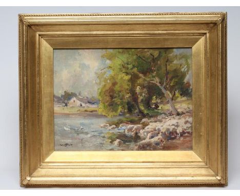 OWEN BOWEN (1873-1967) Sketch for "After the Heat of the Day, Compton Pond", oil on board, signed, inscribed to reverse and d