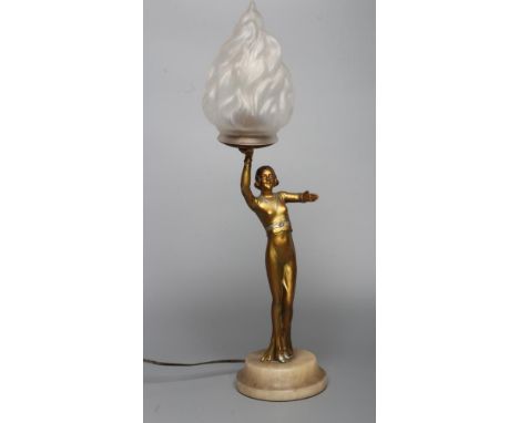 AN ART DECO BRONZED SPELTER FIGURAL ELECTRIC LAMP BASE modelled as a young lady with shingled hair, wearing a blue/grey trimm