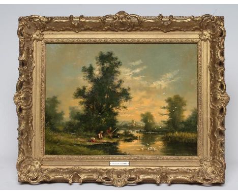 GUDRUN SIBBONS (German 1925-2000) Riverscene with Fisherman, oil on canvas, signed, 12" x 15 3/4", gilt frame (subject to Art
