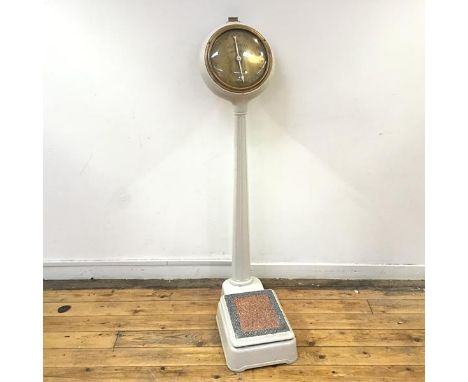 A set of Edwardian chemist's scales by Autoweigh, Glasgow, described as The Barometer of Health, the engraved circular dial w