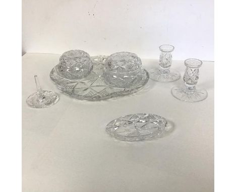 An Edinburgh Crystal dressing table set, c.1930s, marked E &amp; L, including a well cut serpentine oval tray (29cm x 25cm), 