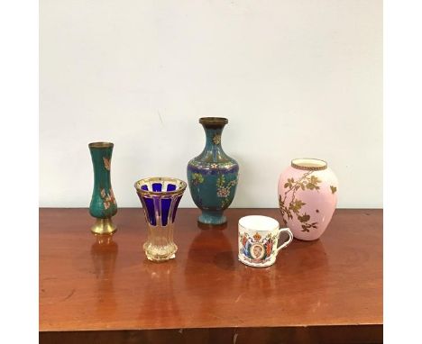 A Spode vase, the powder pink ground decorated with butterflies and foliage (h.16cm), two cloisonne vases, a blue flash glass