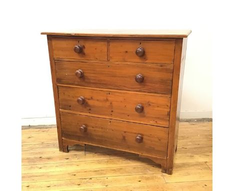 A late 19thc stained pine chest, the rectangular top above two short and three long drawers, raised on bracket feet (106cm x 