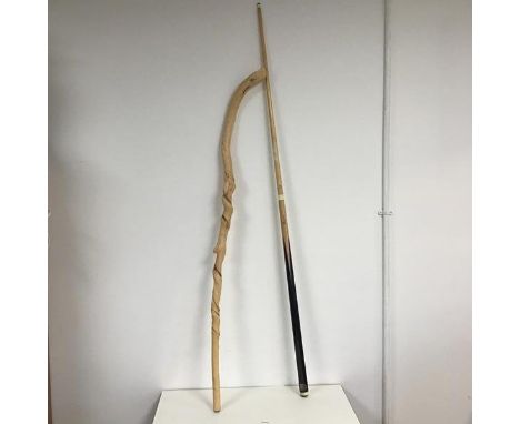 A Royal Soren Sogaard Danish rainbow snooker cue with white metal mounted engraved plaque in two pieces which screw together 