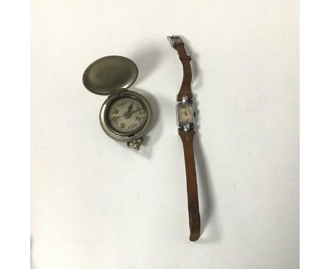 A Roamer 1930s/40s lady's wristwatch, the rectangular dial with hoop and bar fastening for leather strap, engraved A.I.C.W., 