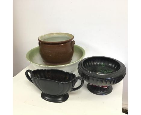 A stoneware two handled vase with similar jardiniere, stamped Dartmouth, a stoneware partially glazed vase and a G&amp;S Ltd.