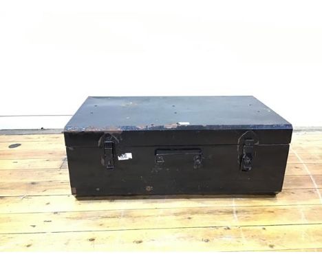 A japanned metal trunk, the rectangular hinged top enclosing an open interior with front and side carry handles (32cm x 82cm 