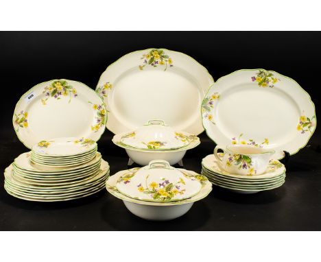 Royal Doulton D 6087 Dinner Service In 'April' Design Cream ground with yellow primrose sprig design and spring green hand pa