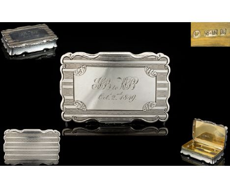 Nathaniel Mills Superb Quality Solid Silver Ornate Shaped Lidded Snuff Box In Regency Stripes Design to Covers with Gilt Inte