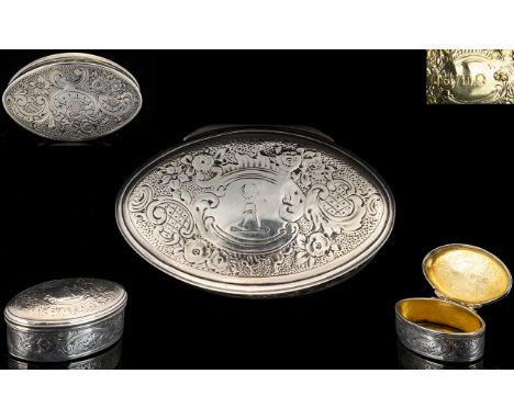 George III Very Nice Quality Solid Silver Hinged Lidded Snuff / Pill Box of Oval Shape / Form. In Wonderful Original Conditio