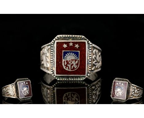 WWII Interest Russian Enamel Signet Ring White metal ring with square centre section enamelled in red and blue with rampant l