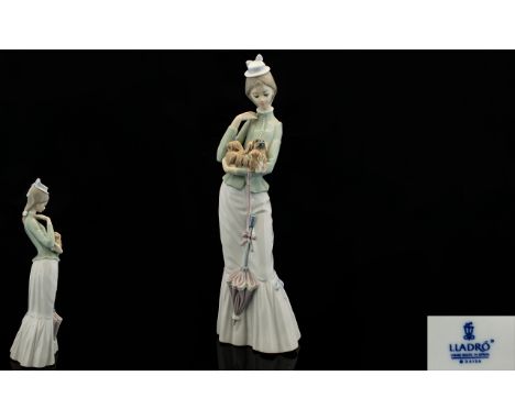 Lladro Porcelain Ballerina Figure 'Walk with Dog', model no 4893. Issued 1974 - retired. Height 14.5 inches - 37.5 cms, First