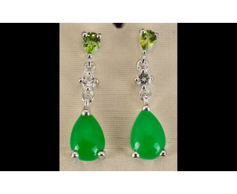 Green Jade, Peridot and White Topaz Drop Earrings, a pear cut green jade cabochon below a round cut white topaz, suspended fr