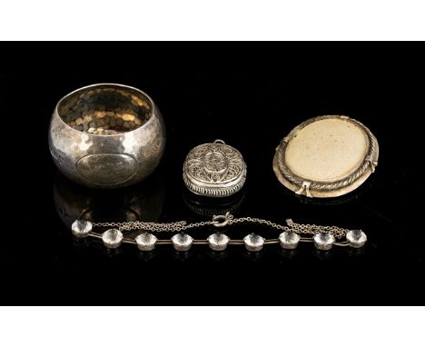 A Mixed Lot Of Silver Comprising paste set silver necklace, wirework locket of ovoid form, large sterling silver picture lock