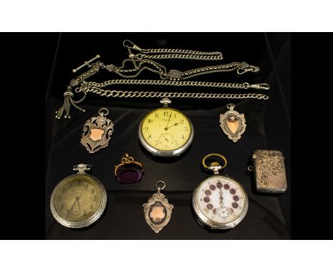 A Mixed Lot Of Pocket Watches Fobs And Chains To include a white metal/silver Albertina, three short Albert chains, three sil