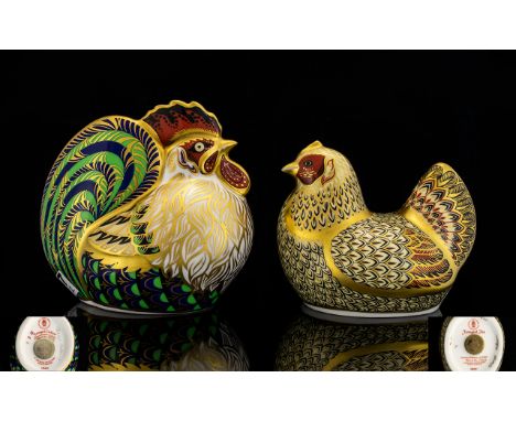 Royal Crown Derby Limited Numbered Edition Pair of Signed Nice Quality Paperweights  (2) comprises 1. Farmyard Cockerel gold 