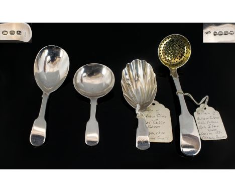 Antique Period Good Small Collection of Caddy Spoons (4).Comprises: 1.  George III Silver 'Leaf' Caddy Spoon.  Hallmarked Lon
