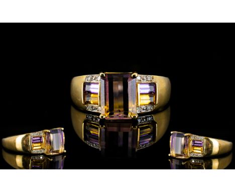 Ladies Attractive Modern 9ct Gold Amethyst and Diamond Set Dress Ring of Pleasing Form. Fully Hallmarked for 9.375, The Ameth