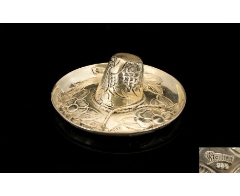 Mexican Silver Novelty Pin Dish In The Form Of A Sombrero Realistically modelled with embossed floral decoration, stamped Ste