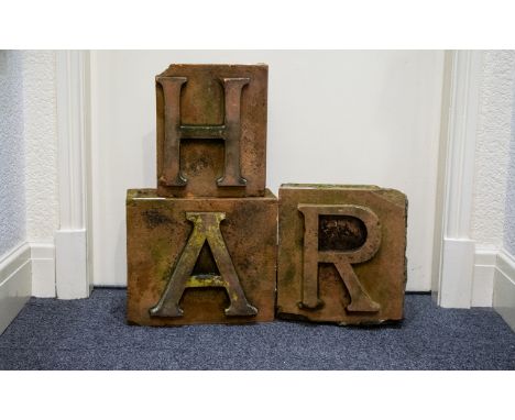 Architectural Salvage Interest Three 19th Century Large Red Bricks With Letter Forms To include letters A, R and H. Please no