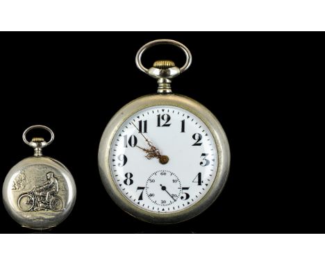 Antique Period Excellent Quality Keyless White Metal Chronometer Open Faced Pocket Watch with Embossed Image of Early Motor B